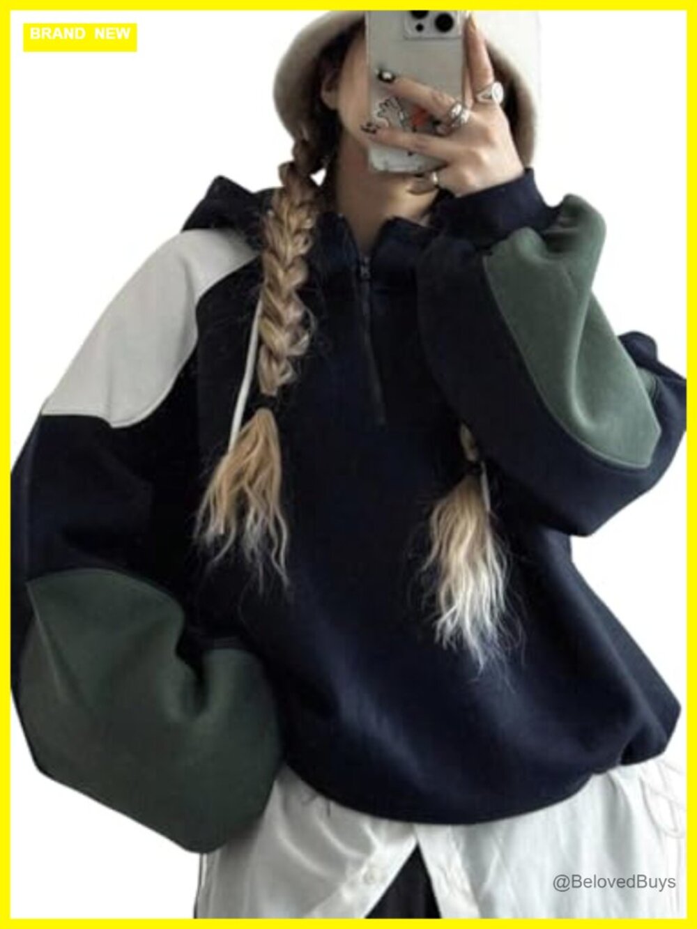 Womens Oversized Half Zip Hoodie Color Block Y2K Sweatshirt Pullover